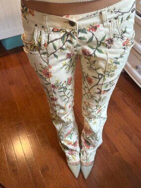 Just cavalli Cream floral jeans with pink, red, and green flowers and leaves